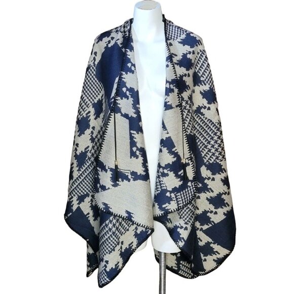 Marc New York Womens Poncho Wrap One Size Blue Beige Houndstooth Open Front - Picture 2 of 8